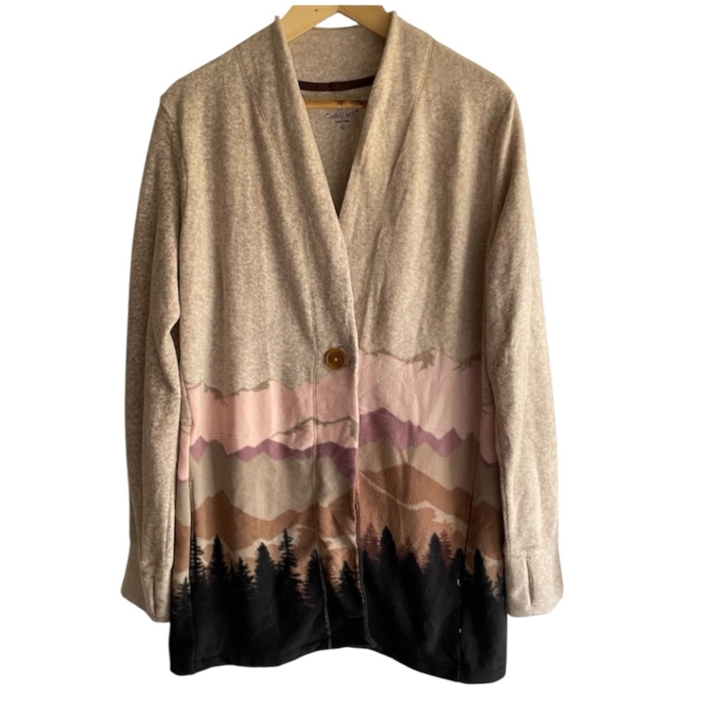 Scenic Print Fleece Mid Length Button Front Cardigan Grannycore Med-Cuddl Duds